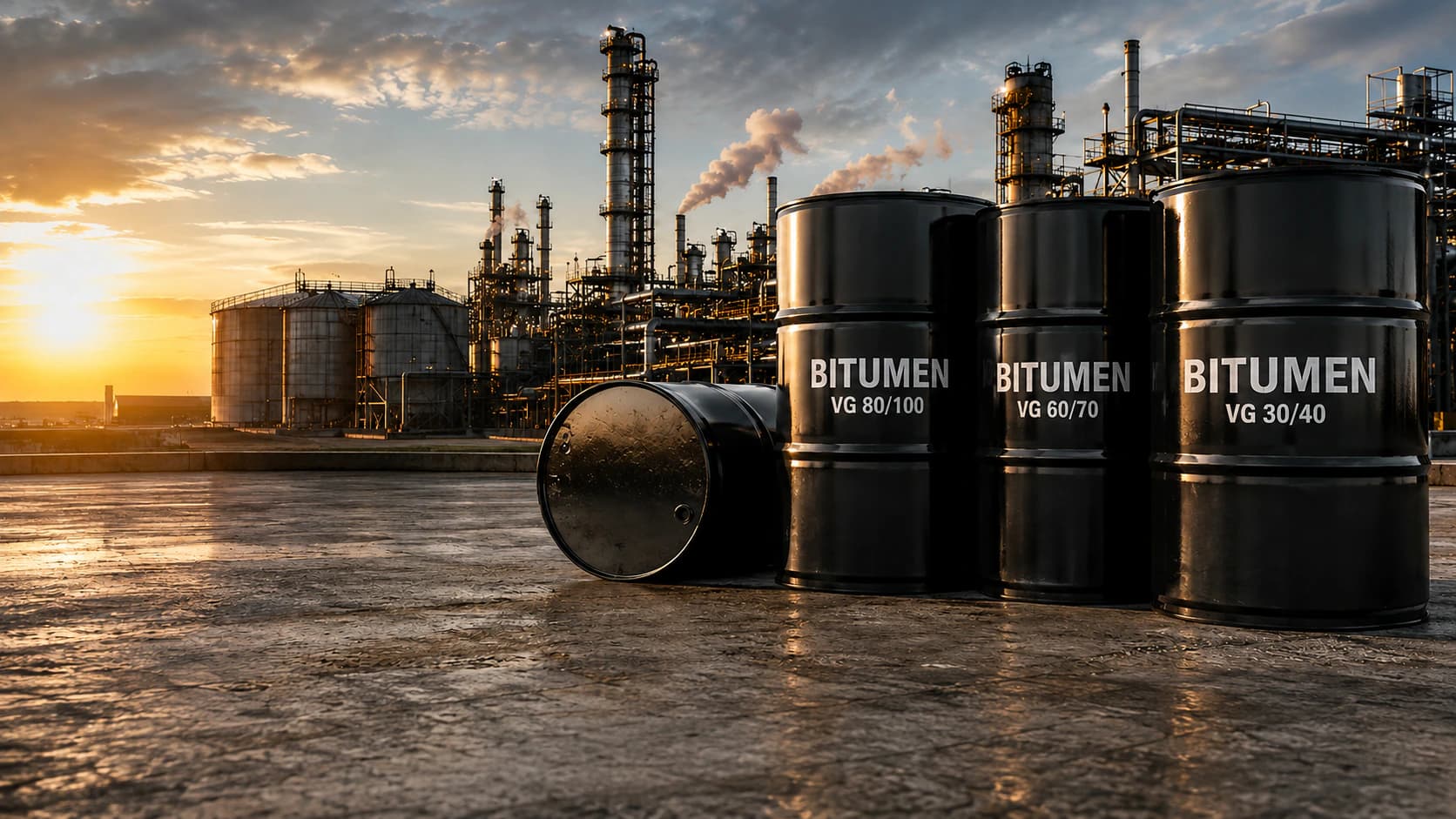 Bitumen barrels at an industrial refinery