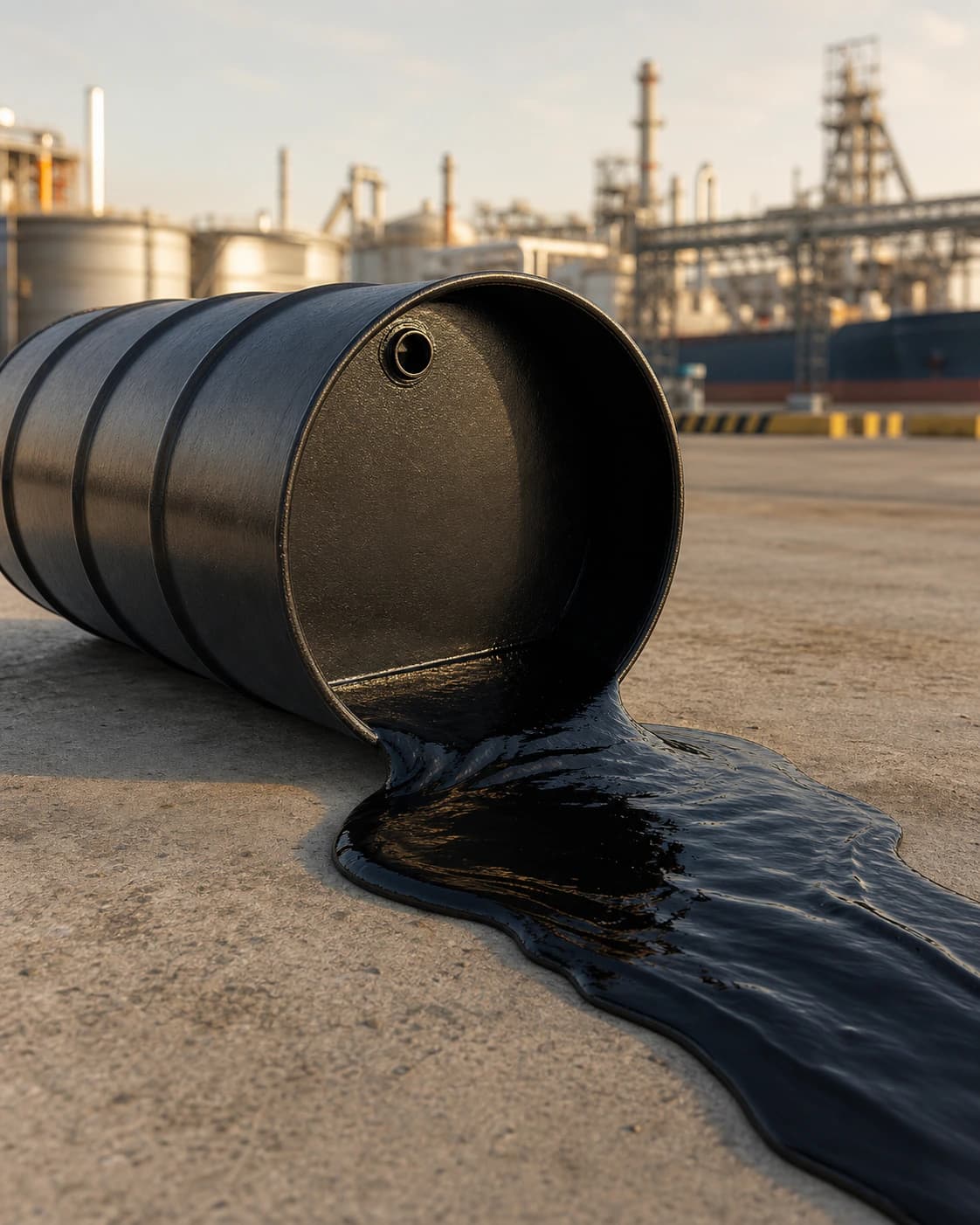 Bitumen flowing from an industrial barrel at a refinery